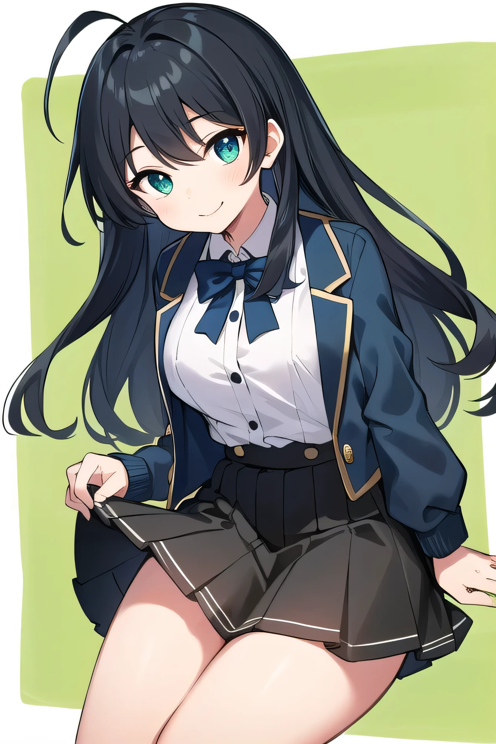 high schoolooks like an elementary school st short, 140 cm tall, black slight green tinge, short ahoge, beautiful long hair but with a little hair sticking out, beautiful round eyes, blue eyes, smile, boyish, long sleeves, Thick clothes, skirt, big breasts, hair longer than waist, long hair, childish face, gentle smile, a little shy, black skirt, black hair with a slight green tinge, boyish, gentle smile, jacket one size larger, ( Deep greenish black hair: 1.2)