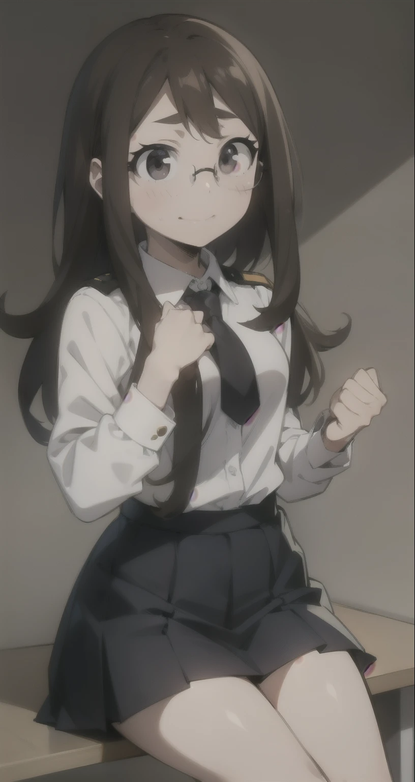 { masterpiece : best quality : high resolution : unity 8k wallpaper : illustration } { Boku No Hero art Academia style } { Background = library } { Nerd Teenager : long dark smart hair : glasses : perfect slender body : perfectly small shape breast : white collar shirt : black skirt : shy : shy smile : sitting : studying }