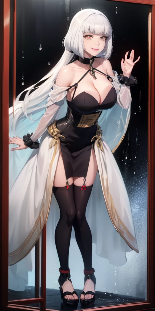 dark fantasy anime illustration of a (mature MILF BIMBO albino skin and short white hair), (FULL BODY) perfect face, wearing tight leather stealth armor, stalking, BIG KNOCKERS CLEAVAGE, lustful smirking smile red blush red cheeks, chain leash, kneeling, shackles, leather black collar slave, ((BLACK background)) hands on glass WITH KNOCKERS on glass, glass window fog water drop, 5 fingers each hand, metal handcuffs, black choker collar, thighhighs, long legs, metal ankle, metal sandals, metal shoulders, standing straight symmetrical against glass