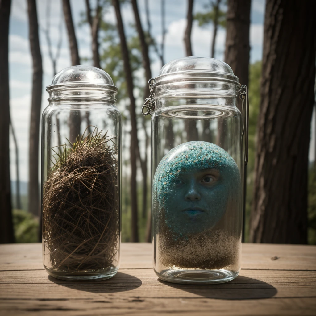 (a detailed miniwoman trapped in a jar), atmospheric oliva lighting, on the table, 4k UHD, dark vibes, hyper detailed, vibrant colours forest background, epic composition, octane render, sharp focus, high resolution isometric, (film grain:1.3), The light is sparkling, high quality photography, 3 point lighting, flash with softbox, 4k, Canon EOS R3, hdr, smooth, sharp focus, high resolution, award winning photo, 80mm, f2.8, bokeh, (a woman trapped in a jar pushes the cap), solo 1miniwoman, (1miniwoman)