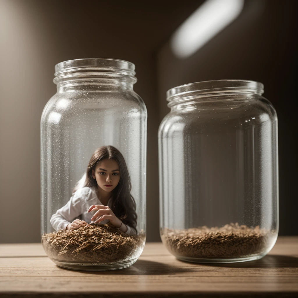 (a detailed miniwoman trapped in a jar), atmospheric oliva lighting, on the table, 4k UHD, dark vibes, hyper detailed, vibrant colours forest background, epic composition, octane render, sharp focus, high resolution isometric, (film grain:1.3), The light is sparkling, high quality photography, 3 point lighting, flash with softbox, 4k, Canon EOS R3, hdr, smooth, sharp focus, high resolution, award winning photo, 80mm, f2.8, bokeh, (a woman trapped in a jar pushes the cap), solo 1miniwoman, (1miniwoman)