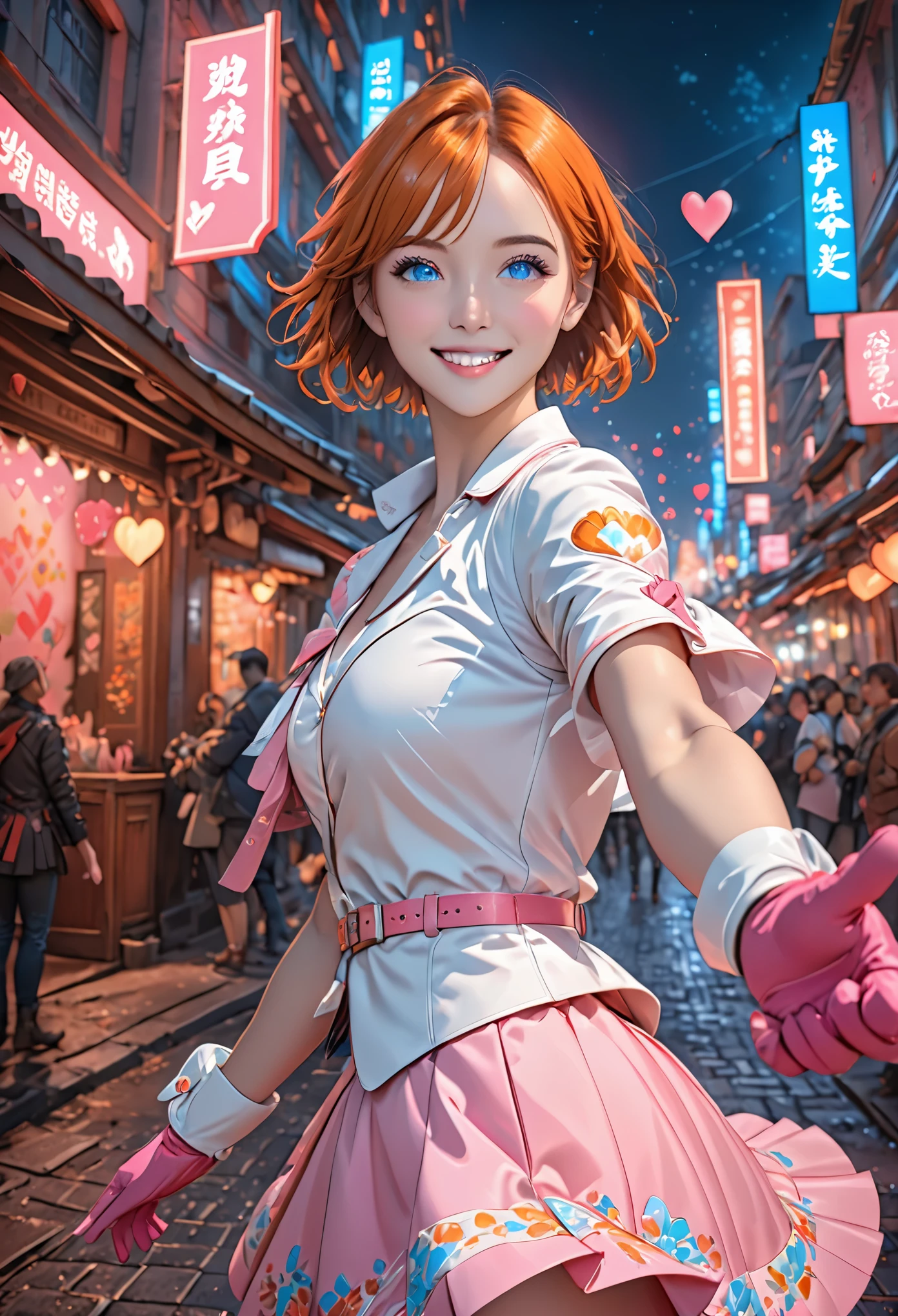 1 girl,Cowboy shooting, beautiful nora_Valkyrie, looking at the audience, Smile, short hair, blue eyes,heart paper cut, Gloves,  Jacket, pink skirt, pink belt, short sleeves, puff sleeves, One armband, fingerless Gloves, orange hair, pink Gloves, dynamic poses, night, outdoor, City, (Volumetric lighting), best quality, masterpiece, intricate details, Tone mapping, sharp focus, Super detailed, Popular topics on ArtStation,
