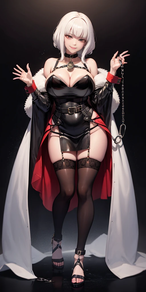 dark fantasy anime illustration of a (mature MILF BIMBO albino skin and short white hair), (FULL BODY) perfect face, wearing tight leather stealth armor, stalking, BIG KNOCKERS CLEAVAGE, lustful smirking smile red blush red cheeks, chain leash, kneeling, shackles, leather black collar slave, ((BLACK background)) hands on glass WITH KNOCKERS on glass, glass window fog water drop, 5 fingers each hand, metal handcuffs, black choker collar, thighhighs, long legs, metal ankle, metal sandals, metal shoulders, standing straight symmetrical against glass