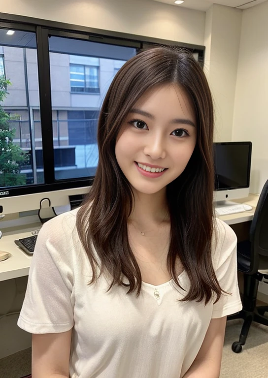 finely, High resolution, high quality、perfect dynamic composition, detailed and beautiful eyes, light brown layered cut、Sit in front of your computer monitor、sit on a chair、looked back、long legs、despise、natural color lip, 、1 person、transparent skin、shining hair、Bedroom、in the room、You can see the veranda from the window、it's raining、Snazzy clothes、Shibuya Ward、pique ice cream、room wear、Snazzy、beautiful feet、Futomo、shake your head、Hey hey smile、slight smile、Silly Laughed、despise、Condescending、Laughed
