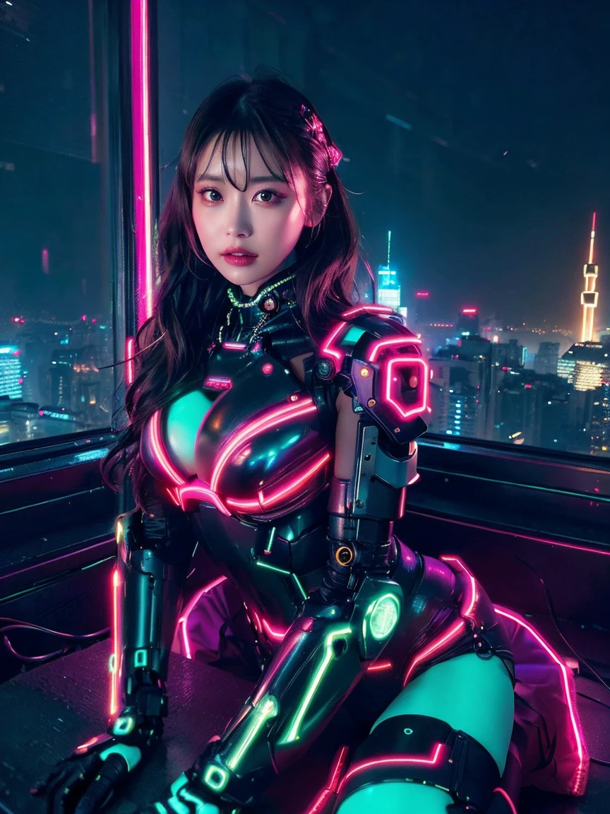 realistic、Super realistic、32k、Super detailed、masterpiece, highest quality, 1 girl, beautiful girl, beauty、small breasts, Mecha, beautiful lighting, (neon light:1.2), (night:1.5), cyberpunk costume、sitting,Cyber Neon、future city、Skyscraper、都会のnight、Shanghai