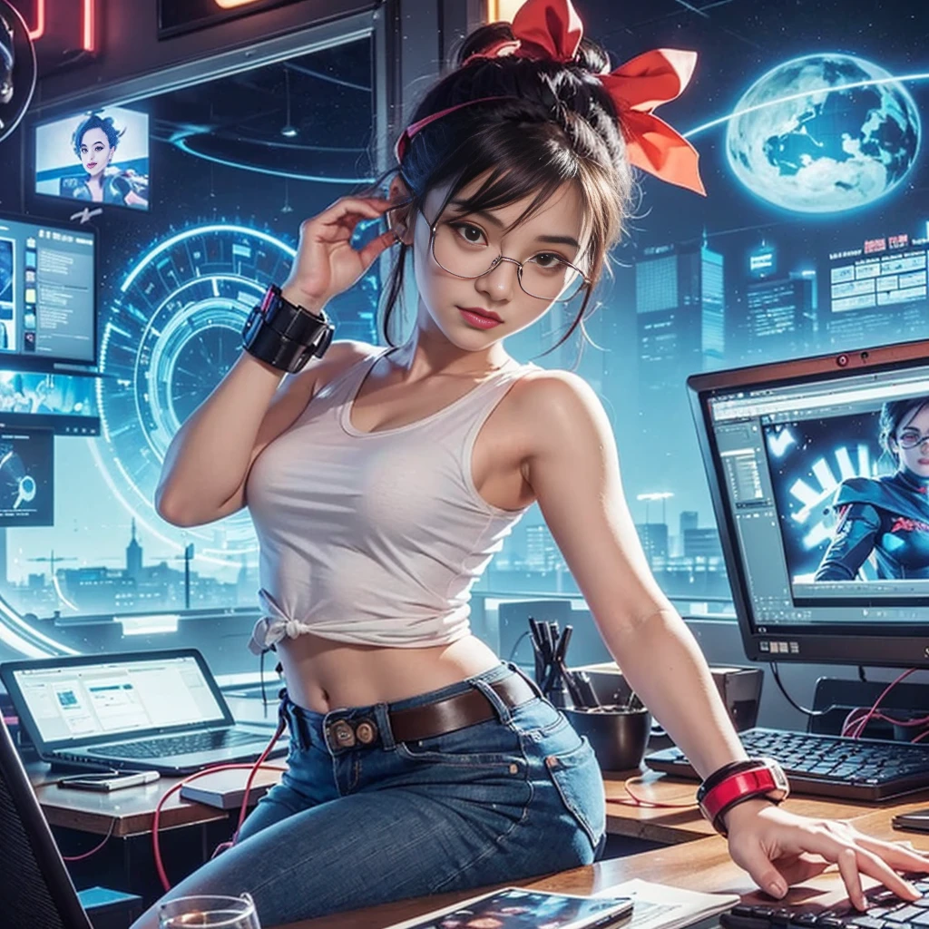 masterpiece,best quality,ultra detailed,high resolution,(photo realistic:1.2),a woman in glasses sitting at a desk with a computer, digital cyberpunk , artgerm and lois van baarle, digital cyberpunk , bulma from dragon ball, portrait space cadet girl, lois van baarle and rossdraws,