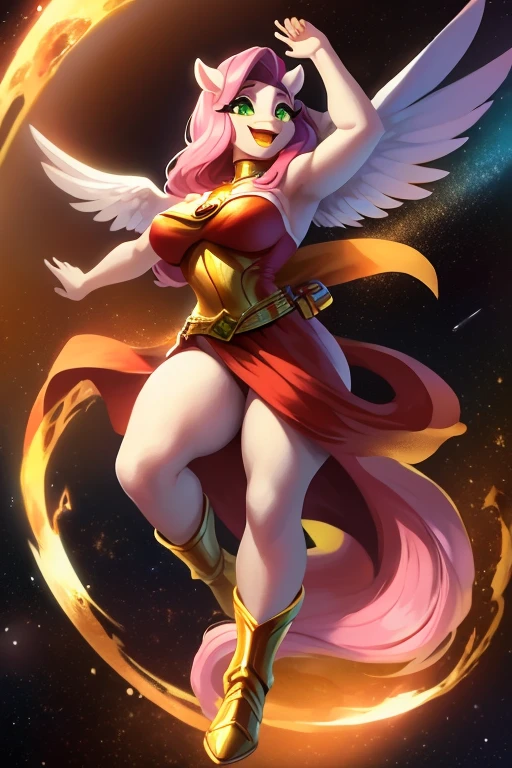 ""((thicc and curvy)), ((solo girl)) ((better quality)), full body, anthrophomorphic female pony, white skin,green eyes pulpils, happy expression, white bird long wings and long pink hair, goddess red dress, golden belt, golden braces, golden breastplate, flying pose, (((space background)))