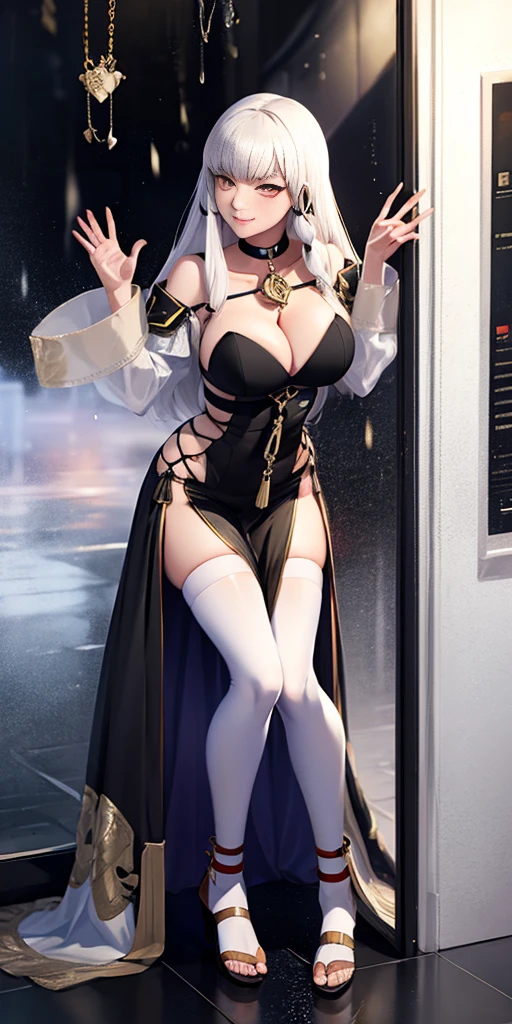 dark fantasy anime illustration of a (mature MILF BIMBO albino skin and short white hair), (FULL BODY) perfect face, wearing tight leather stealth armor, stalking, BIG KNOCKERS CLEAVAGE, lustful smirking smile red blush red cheeks, chain leash, kneeling, shackles, leather black collar slave, ((BLACK background)) hands on glass WITH KNOCKERS on glass, glass window fog water drop, 5 fingers each hand, metal handcuffs, black choker collar, thighhighs, long legs, metal ankle, metal sandals, metal shoulders, standing straight symmetrical against glass