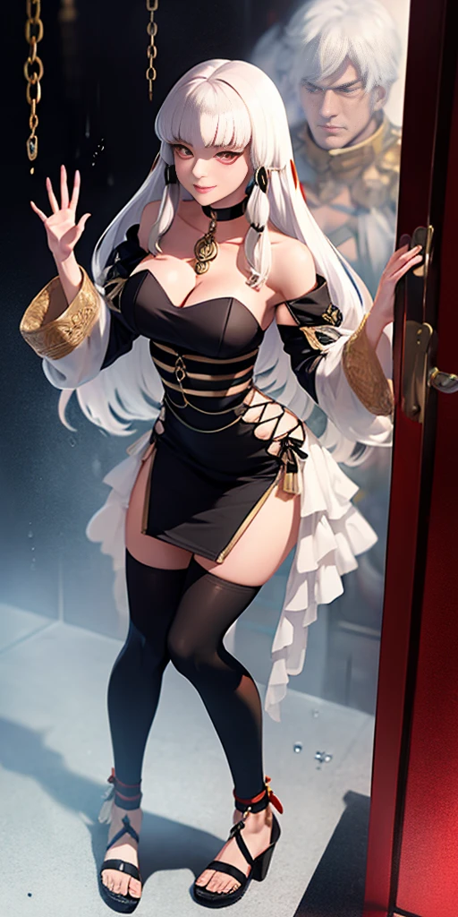 dark fantasy anime illustration of a (mature MILF BIMBO albino skin and short white hair), (FULL BODY) perfect face, wearing tight leather stealth armor, stalking, BIG KNOCKERS CLEAVAGE, lustful smirking smile red blush red cheeks, chain leash, kneeling, shackles, leather black collar slave, ((BLACK background)) hands on glass WITH KNOCKERS on glass, glass window fog water drop, 5 fingers each hand, metal handcuffs, black choker collar, thighhighs, long legs, metal ankle, metal sandals, metal shoulders, standing straight symmetrical against glass