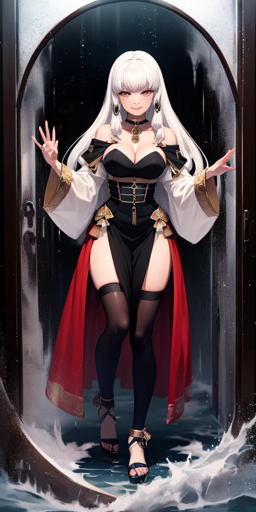dark fantasy anime illustration of a (mature MILF BIMBO albino skin and short white hair), (FULL BODY) perfect face, wearing tight leather stealth armor, stalking, BIG KNOCKERS CLEAVAGE, lustful smirking smile red blush red cheeks, chain leash, kneeling, shackles, leather black collar slave, ((BLACK background)) hands on glass WITH KNOCKERS on glass, glass window fog water drop, 5 fingers each hand, metal handcuffs, black choker collar, thigh highs, long legs, metal ankle, metal sandals, metal shoulders, standing straight symmetrical against glass