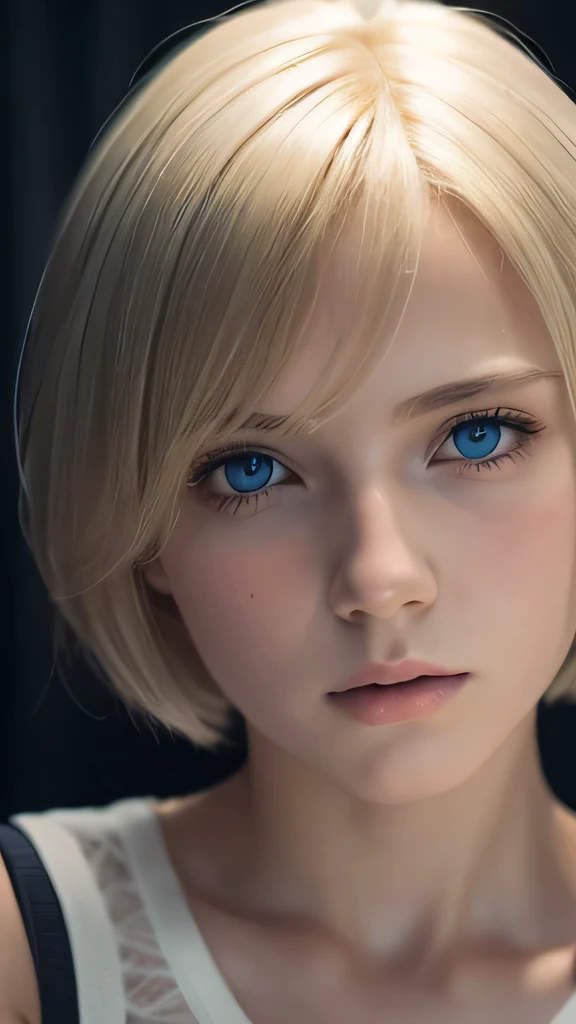 A short blonde haired sweden girl, bob cut, bang, blue eyes, ************, young, pale skin, wearing a white tight sleeveless shirt, feeling anxiety, sad, sweaty, Ultra high res, uhd, (photorealistic:1.4), close up, doll-like face, in a dark room, dramatic lighting