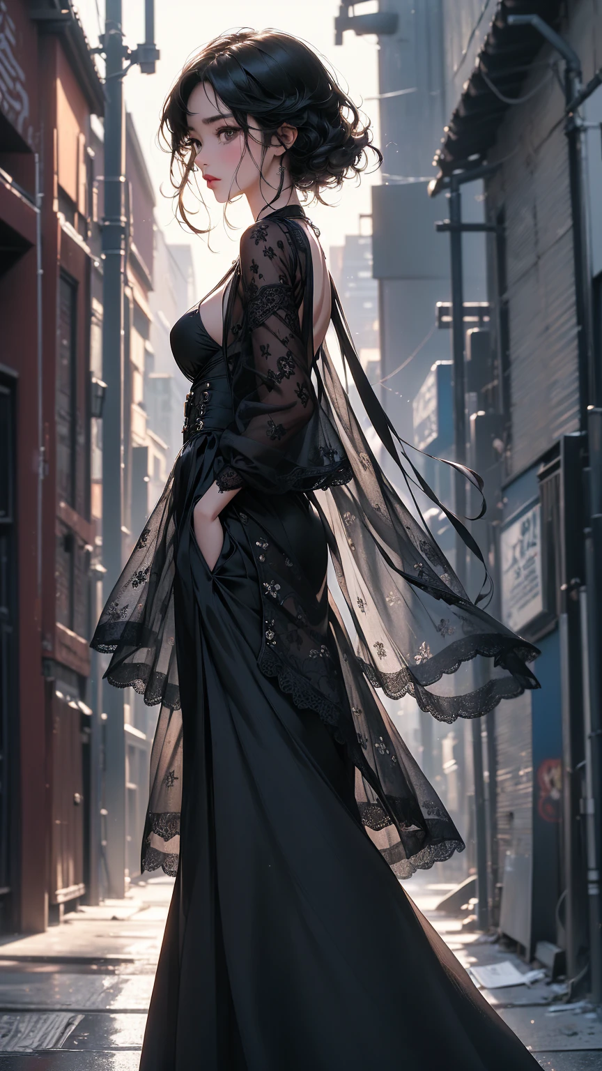 ((Highly detailed CG unit 8k wallpaper, masterpiece, High resolution, highest quality, highest qualityのリアルテクスチャスキン)), ((Hands in pockets pose:1.5, fashion model pose:1.2, 2 of the whole body/Composition 3, A cool NY fashion girl influenced by nostalgic and inorganic mode fashion., detailed costume:1.2, Coordination of black lace layered maxi skirt and jacket:1.3, Monotone fashion, Asymmetrical short hair, Nana Komatsu)), ((blurred background:1.2, An empty back alley in New York where black and white graffiti art shines:1.2)), hyper realistic, digital painting, concept art,