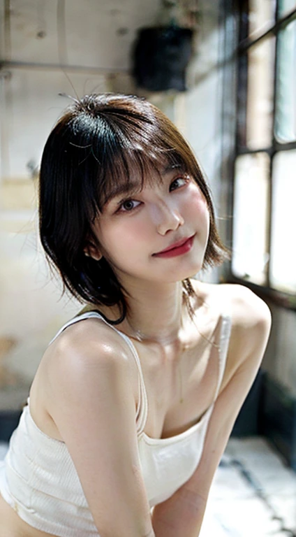 (highest quality, 8K, 32k, masterpiece, UHD:1.2),beautiful japanese women pictures, black haired, very short bob hair,beautiful face,Use natural light and color,on the yoga mat,crawl on all fours,white tank top,white spats,20-year-old),emphasized chest,devilish smile,upward glance,crying bokuro,big ass,My whole body is sweaty,One mole on my chest,full body figure，Cat, moisture,beautiful clavicle
