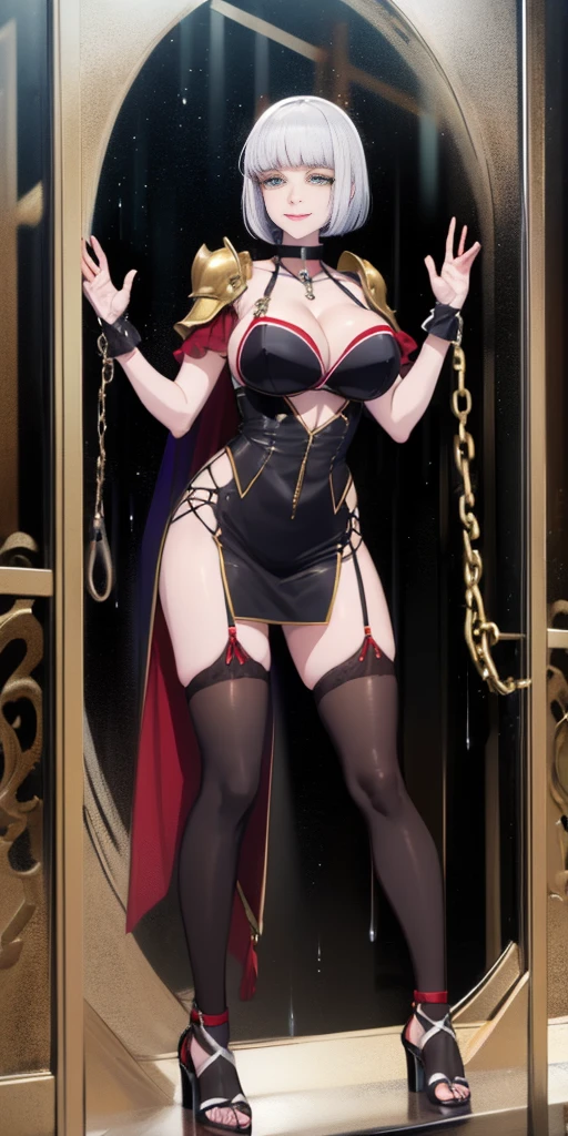dark fantasy anime illustration of a (mature MILF BIMBO albino skin and short white hair), (FULL BODY) perfect face, wearing tight leather stealth armor, stalking, BIG KNOCKERS CLEAVAGE, lustful smirking smile red blush red cheeks, chain leash, kneeling, shackles, leather black collar slave, ((BLACK background)) hands on glass WITH KNOCKERS on glass, glass window fog water drop, 5 fingers each hand, metal handcuffs, black choker collar, thighhighs, long legs, metal ankle, metal sandals, metal shoulders, standing straight symmetrical against glass