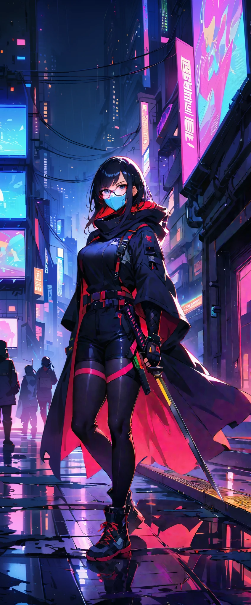(best quality),Cyberpunk female ninja,Ninja masks,Stylish details clothing,beautiful detailed face,Glasses,Neon-lit cityscape,dystopian metropolis,Holographic projection,Invisible City,High-tech weapons,futuristic gadgets,Stylish cybernetic enhancements,Sharp glowing katana,Black leather tights,Hooded tactical cape,night vision control eye,Shadows and reflections,There are tall high-rise buildings,Heavy rain and steamy alley,medium:cartoon,studio lighting,Vibrant colors,Defocused