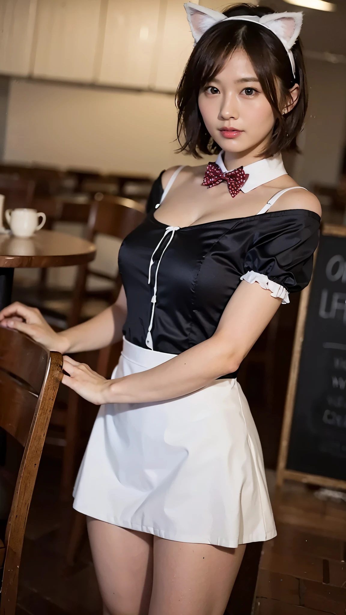 RAW photo, 1 girl, incredibly absurd, 20-year-old, beautiful girl, (cute), (short hair), photo shoot, realistic, Depth of the bounds written, High resolution, Super detailed, delicate, very detailed, highly detailed eyes and face, sharp pupils, realistic waitress costume, sharp focus, Backlight LED lighting, cafe store, Eye and face details, (Maid clothes), lolita fashion, mini skirt, full body shot full body, (wind lift:1.6), cameltoe, seductive gaze, A bow tie, cat ear headband, (Big breasts that are about to burst), Close-up, perfect body, From the side