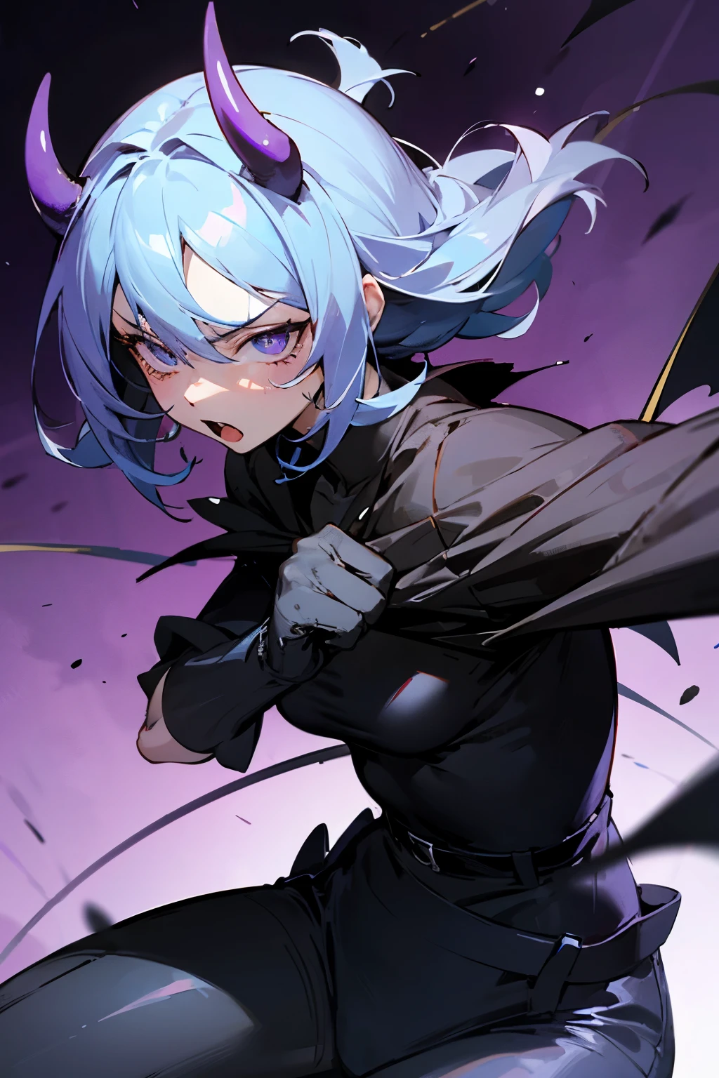 demon anime girl, fight, aggressive, purple background
