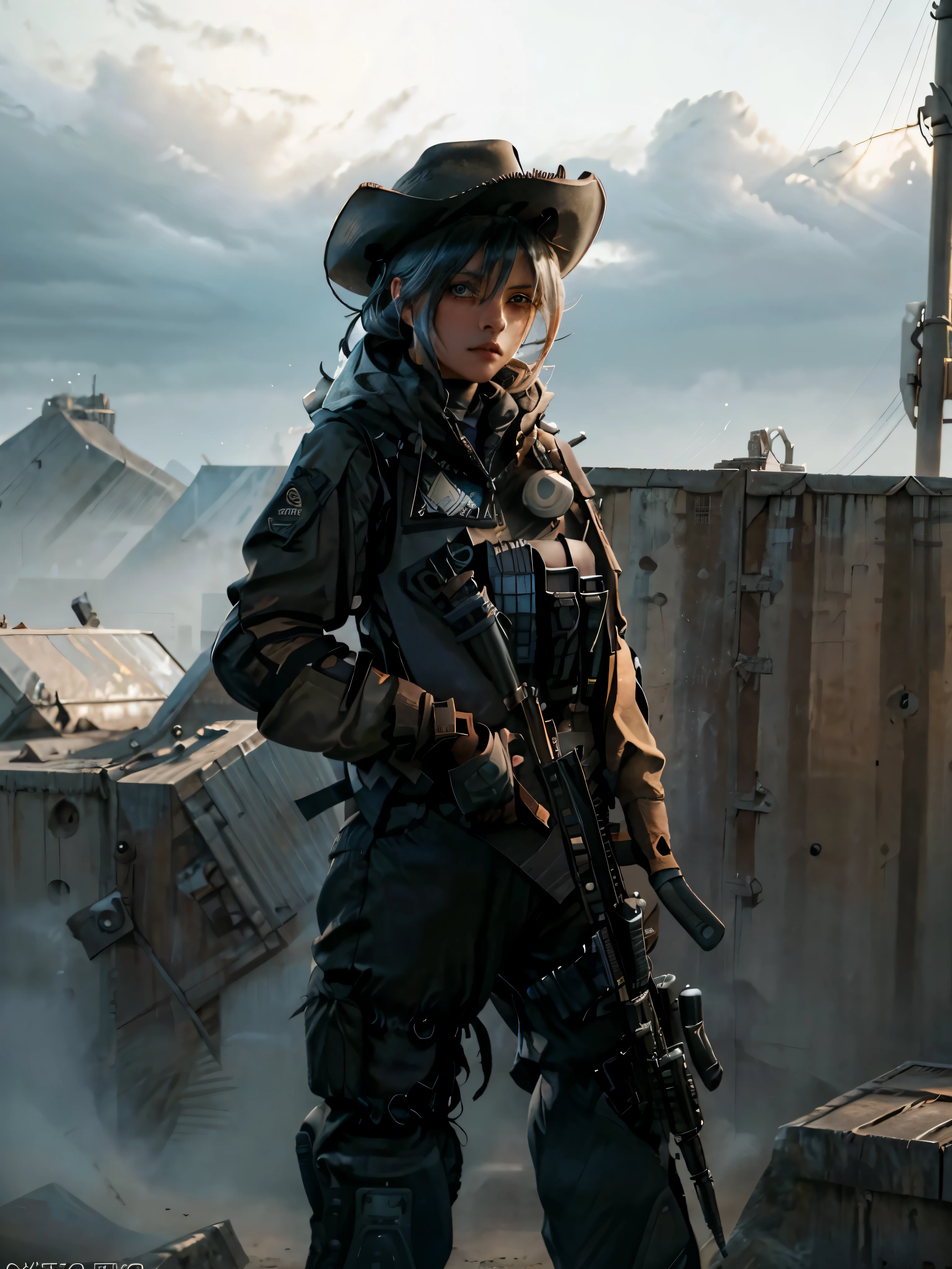 Create a cinematic, filmic image ((best quality)), ((masterpiece)), ((realistic)) of [post nuclear town] in [fallout style], with [detailed linework], [dynamic shading], and [rich colors]. Show [young caucasian woman] [Desert Ranger] named [AnjelikaV2:1.5] and her [full body], with [expressive facial features] and [fluid body movements], and close attention paid to [costume design] and [background details]. The art style should capture the [post-apocalyptic setting] of the image.
Create an [ultra-realistic], [high-resolution] image of [soldier] [mercenary] [exploring] [american] [desolated city] before the [storm], with the [hot summer sun] still shining brightly in the sky, but in the distance, the sky is a [dark and foreboding shade of blue], hinting at an impending storm. [Tumbleweeds] rolling in the distance.
Her face is covered in [dust] with windswept hair cascading [loosely]. Her eyes with [black eyeliner] and [smokey eye shadow] have long, full eyelashes that add to her feminine charm. She wears a [bandolier], [uzipped] [rugged black leather armor] showing her [cleavage] and [tactical vest:1.2], [old jeans] accentuating her [slim body] and [black wide-brimmed cowboy hat] with metal [texas ranger star], [knee pads] and [short leather boots] that provide both style and function and [holding weapon], [holding gun], [assault rifle:1.2].
Aim for a [photorealistic] portrayal that captures the [essence] of her character, with [intricate details] that capture every nuance of her form. The overall mood of the image should be [post nuclear], [post-apocalyptic], with a sense of [melancholy], [loneliness], and [desolation], showing the complete scene with her [full body]  >