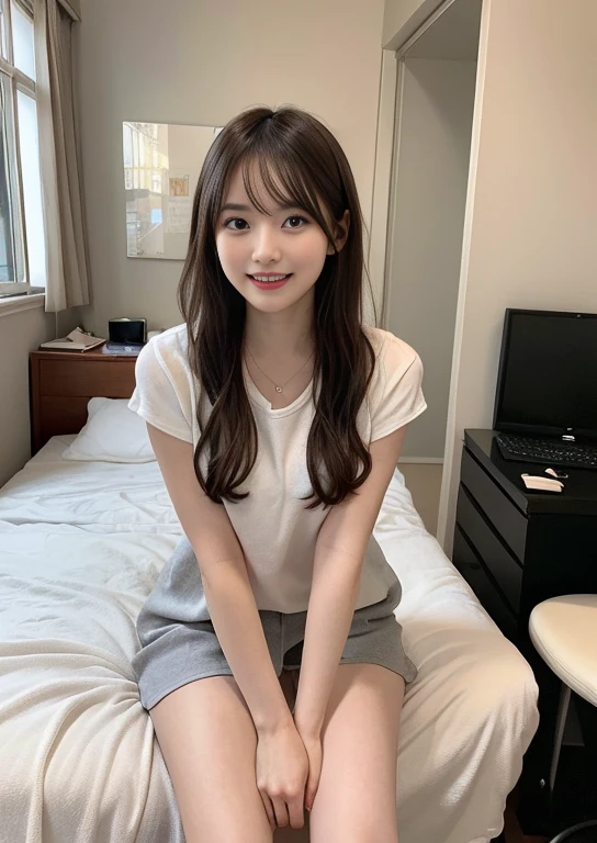 A beautiful Japanese girl with short hair, Caucasian features, sitting on a bed in her bedroom, wearing a white t-shirt and blue jeans, slender figure, C-cup breasts, university student, photorealistic, intricate details, warm lighting, cinematic composition, highly detailed