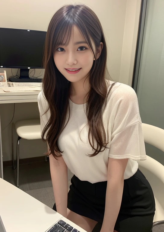 finely, High resolution, high quality、perfect dynamic composition, detailed and beautiful eyes, light brown layered cut、Sit in front of your computer monitor、sit on a chair、looked back、long legs、despise、natural color lip, 15 years old、1 person、transparent skin、shining hair、Bedroom、in the room、You can see the veranda from the window、it&#39;s raining、Snazzy clothes、Shibuya Ward、pique ice cream、room wear、Snazzy、beautiful feet、Futomo、shake your head、Hey hey smile、slight smile、Silly Laughed、despise、Condescending、Laughed