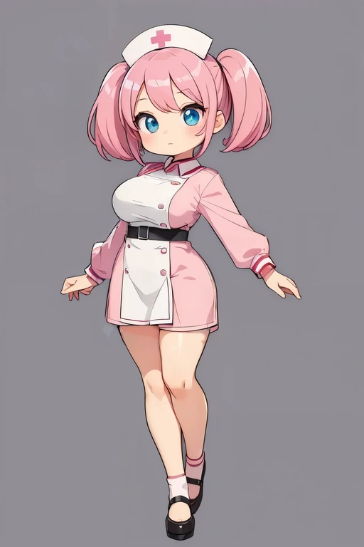 1 woman,nurse uniform, pink wear, pink hair, blue eye, short hair, twintail, big breasts, chibi character, full body, staning, lower arms, front view, looking at viewer, thick outline, gray background, simple background