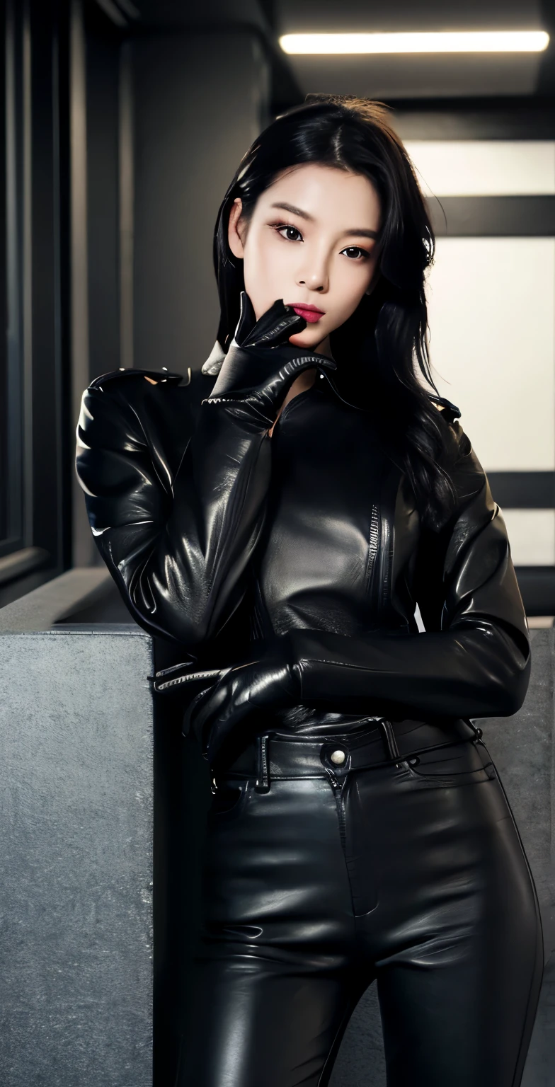 black leather rider jacket, office in the dark, Fingertips of black leather gloves on both hands,wearing black leather gloves,sitting in a black leather chair、 Japanese female new employee (black leather gloves cover both hands) (The angle is horizontal)、black leather leather pants,black leather black leather pants,black leather skinny pants、Long black leather boots on both feet、black hair ponytail ((He wears black leather gloves on his hands))full body photo,full body shot full body full body leather suit,☺If you turn in this direction。wearing black leather gloves,wearing black leather gloves,wearing black leather gloves,wearing black leather gloves,wearing black leather gloves,wearing black leather gloves,黒のレザーパンツが美しい😍黒のレザーパンツが美しい😍黒のレザーパンツが美しい,😍I'm smiling while looking at you,city lights、((neon cyberpunk city street:1.3))、(neon light)、detailed lighting、
best image quality、ultra high resolution、(realism:1.4)、korean beauty star、The most beautiful KPOP stars、face、horny korean makeup、A body that makes you want to touch it、realistic leather texture、Costume made of smooth leather fabric、The drape of the curved parts of the leather fabric、The costume has a strong shine、costume quality、8K photo quality