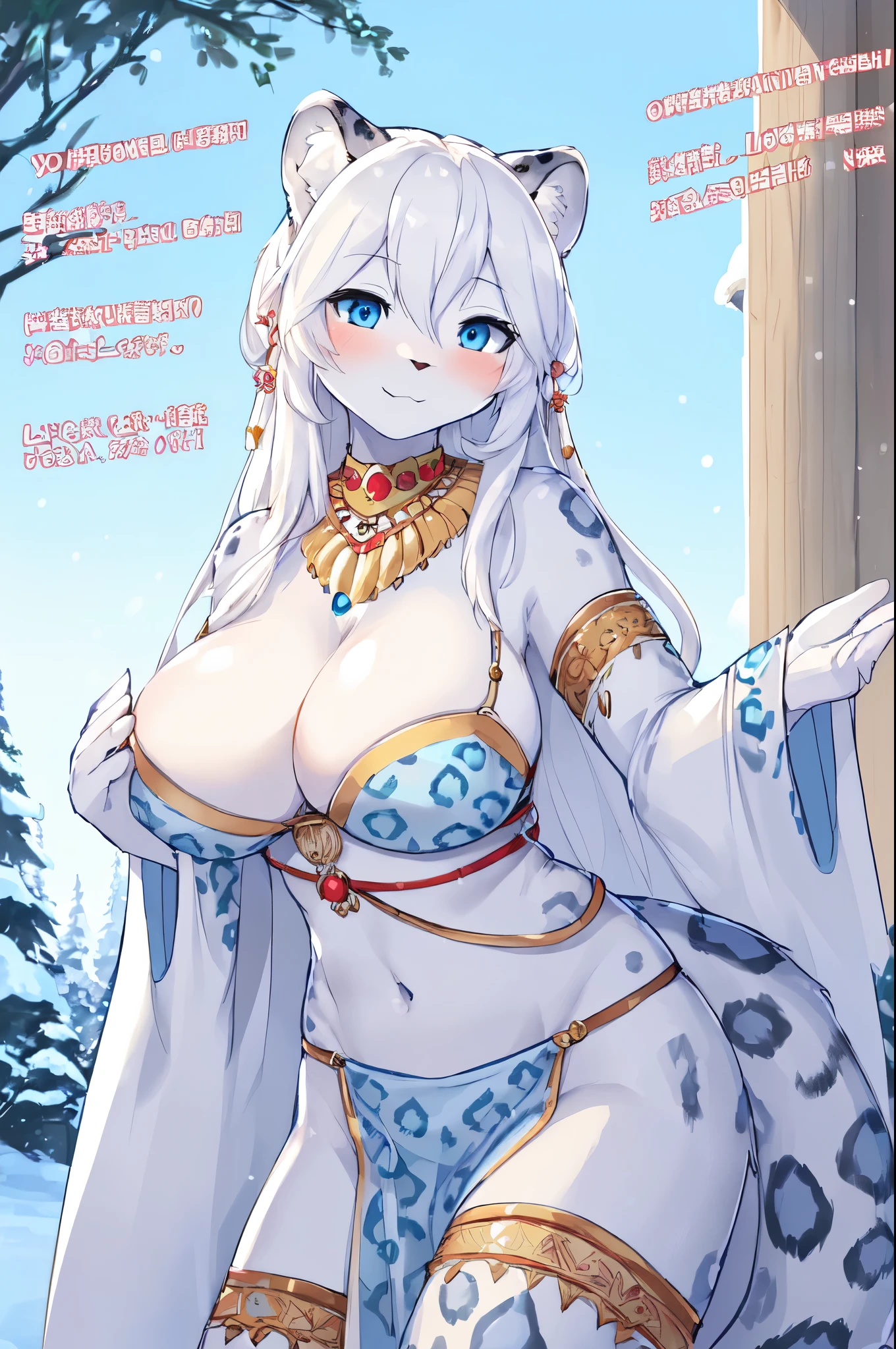 ((8k, 4k, Detailed, High quality)), furry, female, mature female, by buta99, ((english text: "Come to me, love")), snow leopard, sexy body, breasts, cute face, long white hair, blue eyes, leopard tail, tribal clothing, front view