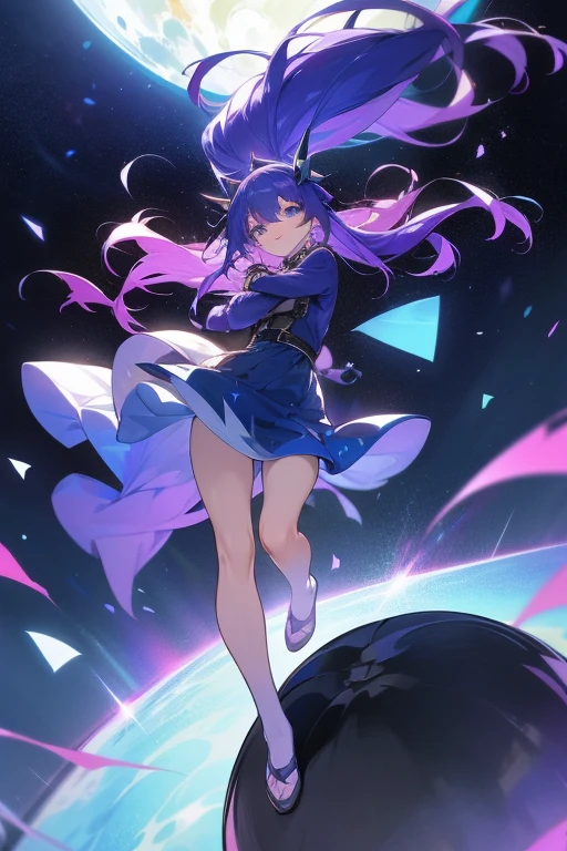 Under the night sky, On the dark planet, A girl with long blue-purple hair is standing on top, Her hair glows with blue-purple light, A mysterious light blue glow emanates from the eyes, She wore dark blue and purple clothes that covered her whole body, Around her floats the shining leptons, flickering with faint electric light, Exudes a cold breath, There are two strands of hair hanging on both sides of the head., There is a red four-pointed star printed on the left arm., Two-dimensional style, full-body shot