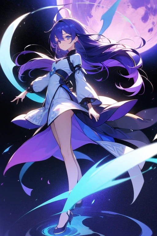 Under the night sky, On the dark planet, A girl with long blue-purple hair is standing on top, Her hair glows with blue-purple light, A mysterious light blue glow emanates from the eyes, She wore dark blue and purple clothes that covered her whole body, Around her floats the shining leptons, flickering with faint electric light, Exudes a cold breath, There are two strands of hair hanging on both sides of the head., There is a red four-pointed star printed on the left arm., Two-dimensional style, full-body shot
