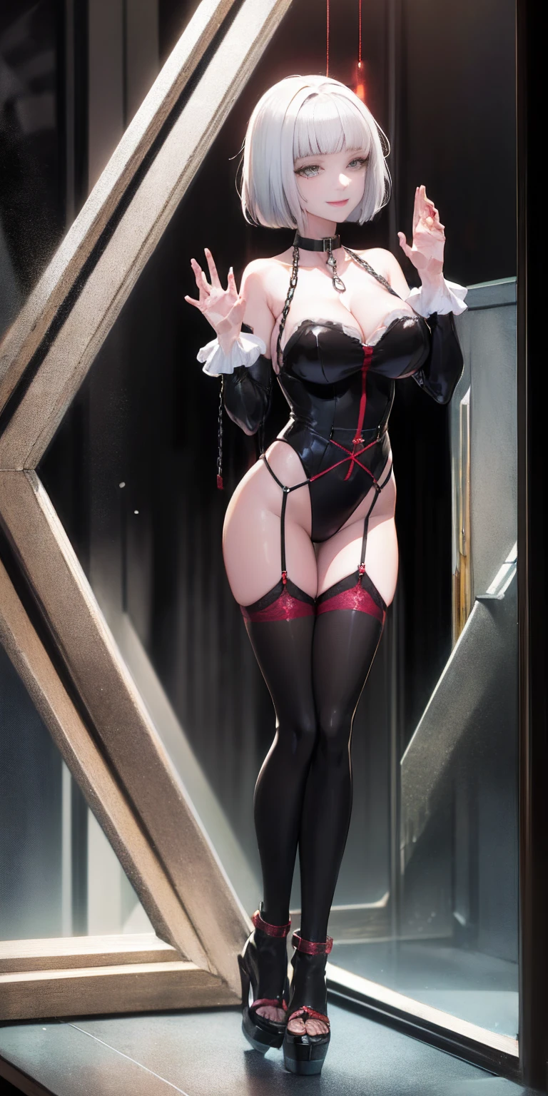 dark fantasy anime illustration of a (mature MILF BIMBO albino skin and short white hair), (FULL BODY) perfect face, wearing tight leather stealth armor, stalking, BIG KNOCKERS CLEAVAGE, lustful smirking smile red blush red cheeks, chain leash, kneeling, shackles, leather black collar slave, ((BLACK background)) hands on glass WITH KNOCKERS on glass, glass window fog water drop, 5 fingers each hand, metal handcuffs, black choker collar, thighhighs, long legs, metal ankle, metal sandals, metal shoulders, standing straight symmetrical against glass