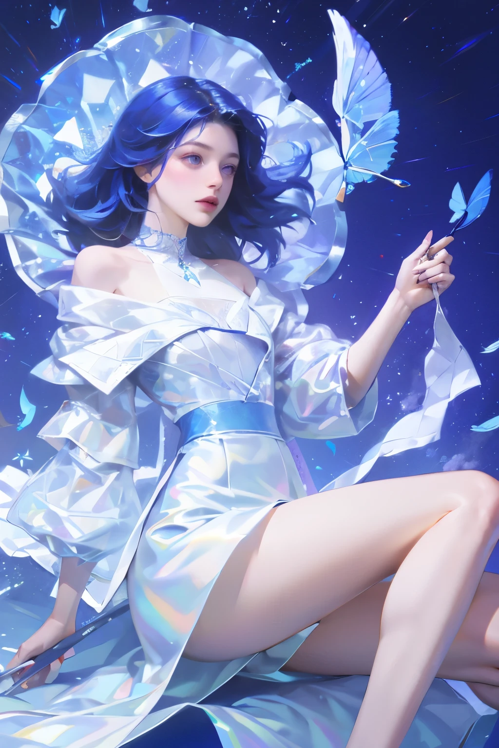 1 girl，clear water，blue butterfly，Pure white gauze skirt，sparkling，Upper body close-up
