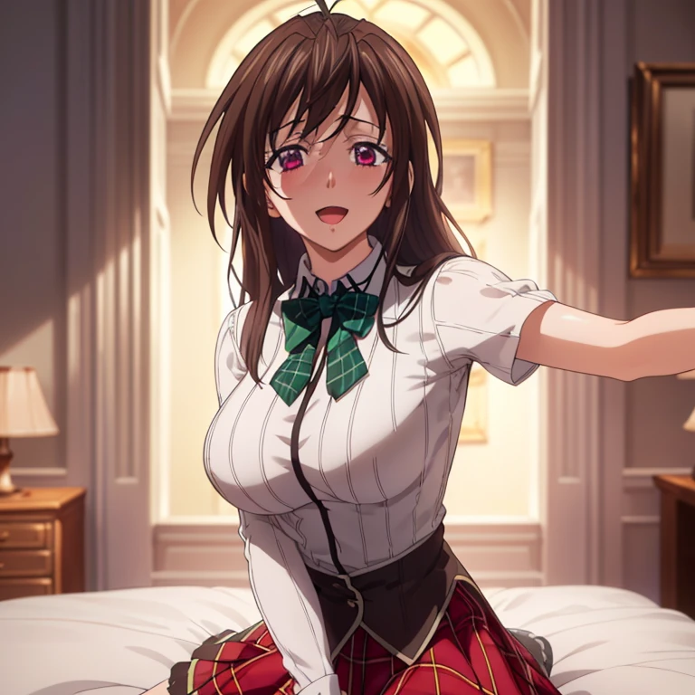 ((masterpiece, best quality, highres, UHD, perfect pixel, depth of field, 8k, RTX, HDR)), 1girl, single, solo, beautiful anime girl, beautiful artstyle, anime character, ((long hair, parted bangs, brown hair)), (green blue:1.4, rounded eyes, beautiful eyelashes, realistic eyes), (detailed face, blushing:1.2), (smooth texture:0.75, realistic texture:0.65, photorealistic:1.5, anime CG style), medium breasts, (dynamic angle, dynamic pose:1.1, looking to viewer), perfect body, busty, ((JK , plaid skirts, neck bowtie)), smile, open mouth, room hotel