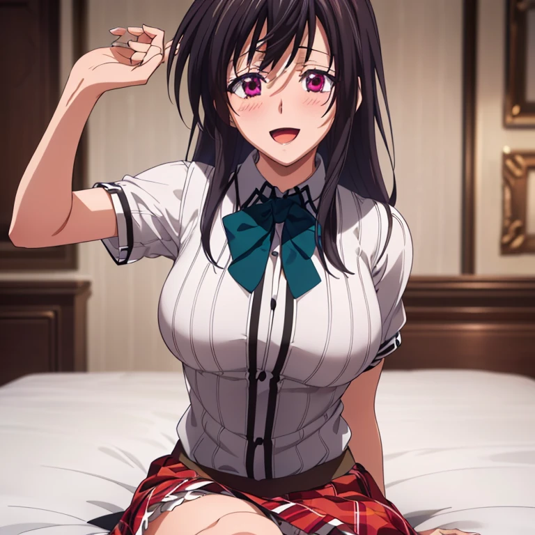 ((masterpiece, best quality, highres, UHD, perfect pixel, depth of field, 8k, RTX, HDR)), 1girl, single, solo, beautiful anime girl, beautiful artstyle, anime character, ((long hair, parted bangs, brown hair)), (green blue:1.4, rounded eyes, beautiful eyelashes, realistic eyes), (detailed face, blushing:1.2), (smooth texture:0.75, realistic texture:0.65, photorealistic:1.5, anime CG style), medium breasts, (dynamic angle, dynamic pose:1.1, looking to viewer), perfect body, busty, ((JK , plaid skirts, neck bowtie)), smile, open mouth, room hotel