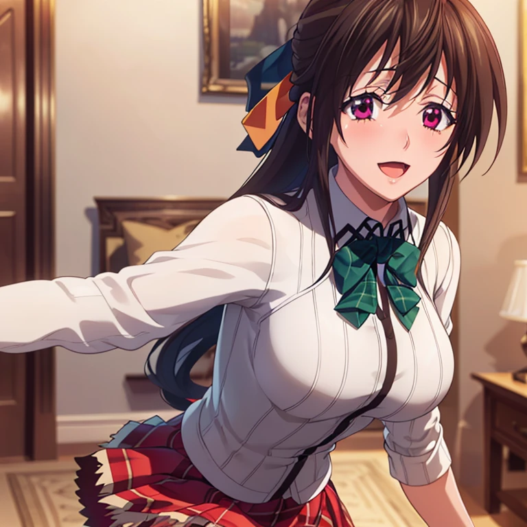 ((masterpiece, best quality, highres, UHD, perfect pixel, depth of field, 8k, RTX, HDR)), 1girl, single, solo, beautiful anime girl, beautiful artstyle, anime character, ((long hair, parted bangs, brown hair)), (green blue:1.4, rounded eyes, beautiful eyelashes, realistic eyes), (detailed face, blushing:1.2), (smooth texture:0.75, realistic texture:0.65, photorealistic:1.5, anime CG style), medium breasts, (dynamic angle, dynamic pose:1.1, looking to viewer), perfect body, busty, ((JK , plaid skirts, neck bowtie)), smile, open mouth, room hotel