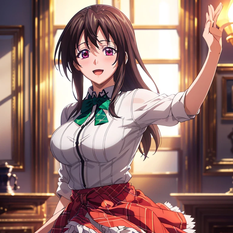 ((masterpiece, best quality, highres, UHD, perfect pixel, depth of field, 8k, RTX, HDR)), 1girl, single, solo, beautiful anime girl, beautiful artstyle, anime character, ((long hair, parted bangs, brown hair)), (green blue:1.4, rounded eyes, beautiful eyelashes, realistic eyes), (detailed face, blushing:1.2), (smooth texture:0.75, realistic texture:0.65, photorealistic:1.5, anime CG style), medium breasts, (dynamic angle, dynamic pose:1.1, looking to viewer), perfect body, busty, ((JK , plaid skirts, neck bowtie)), smile, open mouth, room hotel