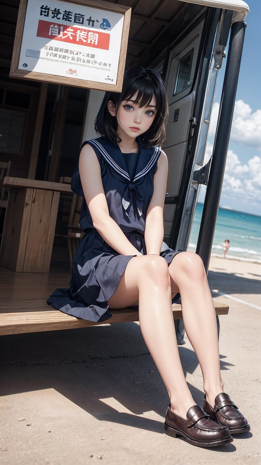 ((最high quality, 8K, masterpiece: 1.3, Ultra HD, high quality, 最high quality, High resolution, realism)) 、An extremely beautiful 18-year-old Japanese woman、hair color is black、black eye、medium hair、straight hair、smile、Slender but well-proportioned muscular body、Athlete-like body type、I don't want my head to disappear from the screen.、sit on a high breakwater on the beach、The blue sky is beautiful、There is an entrance cloud、It's summer、I'm wearing a sailor suit、Wear a navy blue pleated skirt、wear loafers、There is a road in front of the breakwater、There is a sign indicating the bus stop.、The sea is beautiful、The horizon looks beautiful、An island can be seen off the coast