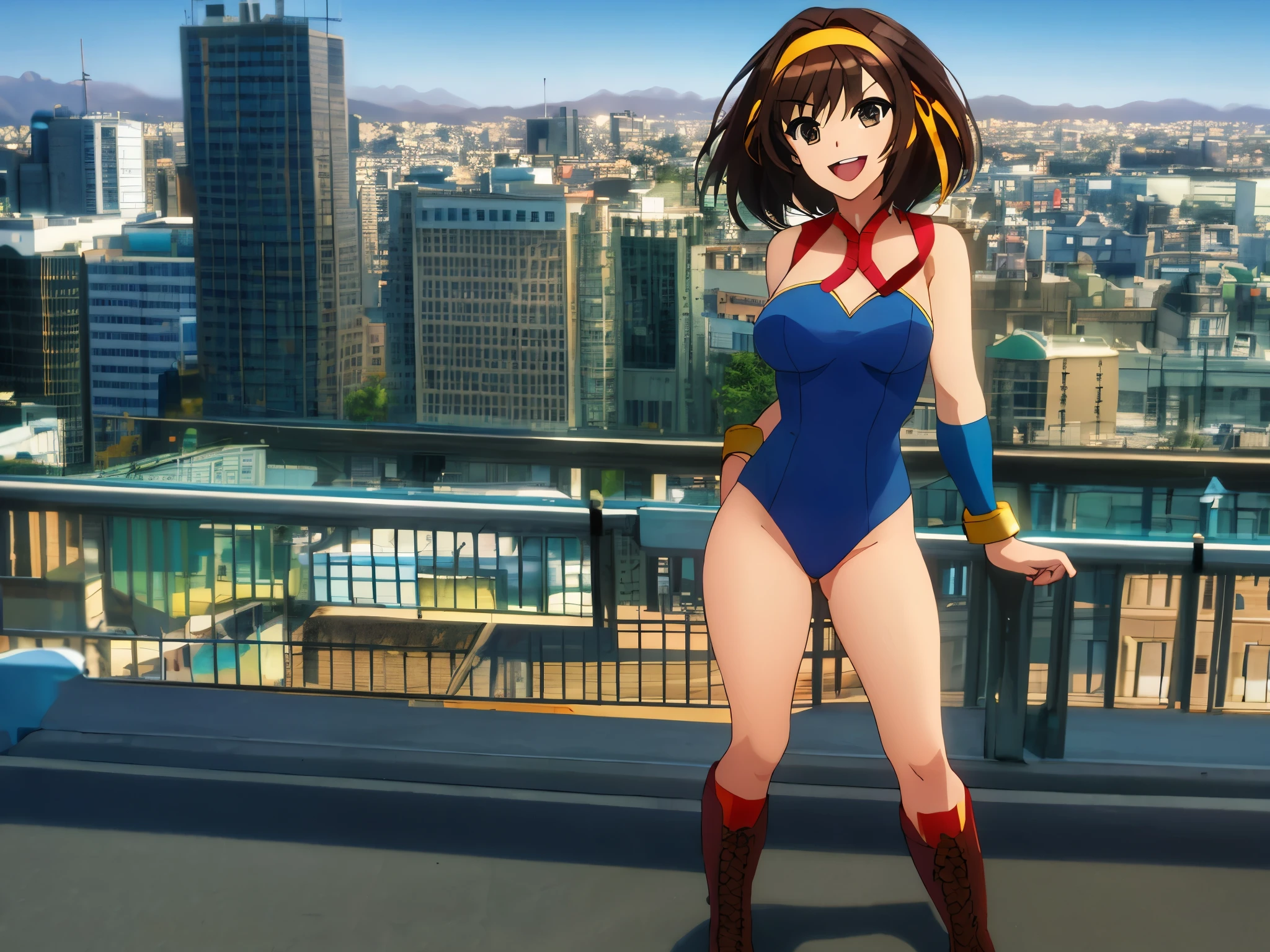 masterpiece, best quality, hyper detailed, ultra detailed, highres, 1girl, solo, solo focus, superhero, leotard, blue leotard with white accents, bare legs, tight belt, boots, matching boots, blue boots, medium breasts, bracelets, full body shot, cowboy shot, smile, haruhi, looking_at_viewer, smile, short_hair, open_mouth, bangs, brown_hair, ribbon, cleavage, brown_eyes, hair_ribbon, :d, hairband, medium_hair, v-shaped_eyebrows, orange_hairband, city backdrop, sleeveless, flying like superman