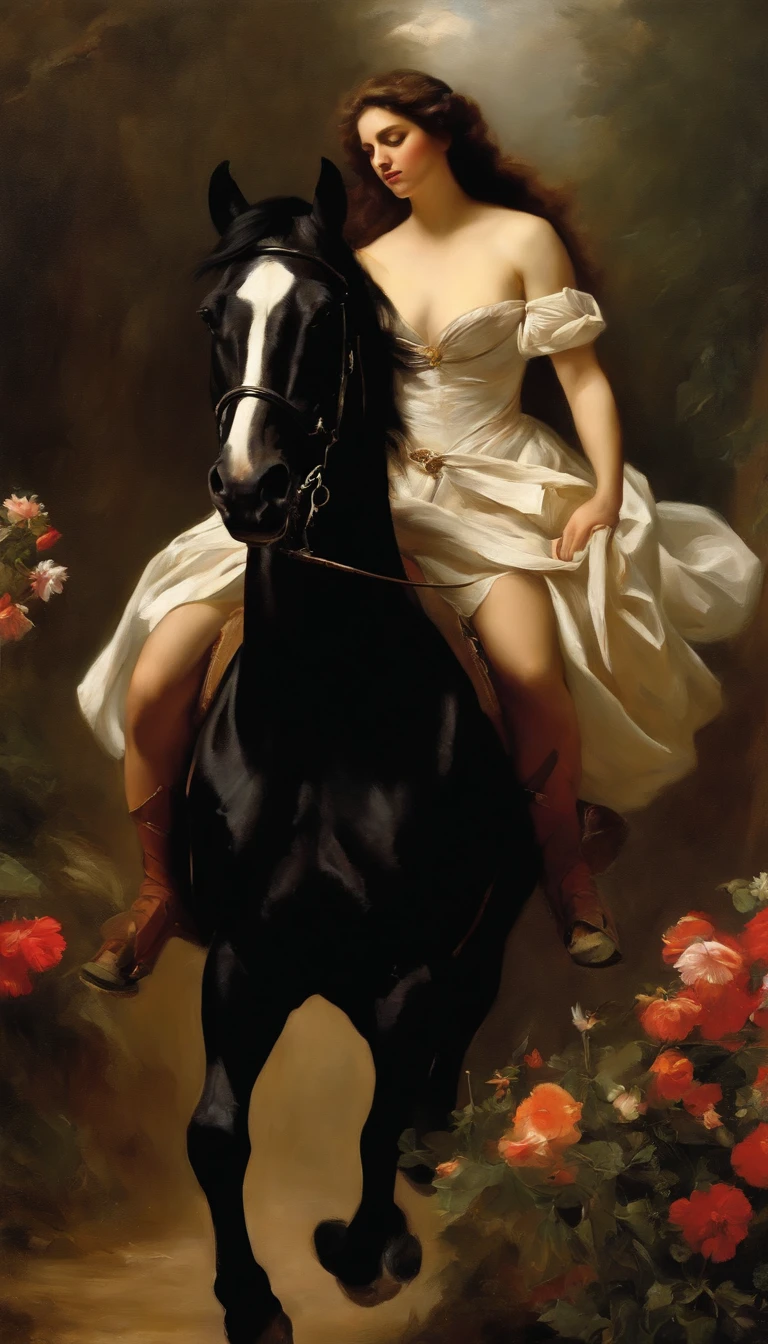an oil painting,, A breathtaking masterpiece, Vivid,  Caravaggio, 8K，angelicales，Lots of people，goddess，female knight riding a black horse，and，looking left, one breast bare. White dress. Half nude body female. Flowers