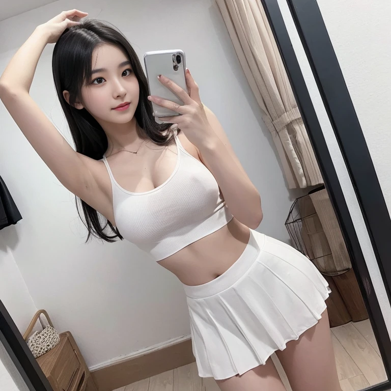 debris flies、highest quality、super fine、got it、High resolution、8k wallpaper、perfect dynamic composition、(((Full body Esbian)))、((from below))、20 year old cute girl、detailed beautiful face、delicate and cute eyes、fine-textured skin、My cheeks turned red、(wavy black hair)、thin legs、Please generate at the eaves、take a selfie with your mobile phone、room、wearing a tank top、white background、wearing a skirt、I can see your pants、panty shot、The exact shape of the areola、transparent areola、The nipples are transparent、Taking a selfie in front of the mirror with your smartphone