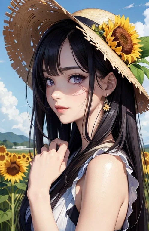 masterpiece、highest quality、High resolution、high quality images、8K, 1 female、skin luster、Texture of skin and clothing、Expression of fine eyes、glossy black hair,long hair girl, Manga inspired by Lee Jong-suk, trending on deviantart, realism, detailed manga style, manga art style, perfect line drawing, beautiful line drawing, digital manga art girl, K-POPアイドル, dress, beautiful purple eyes, plump lips, detailed gorgeous face, (cute smile), charm, innocent, Side view, (perfectly detailed face), (fine hands) photorealistic images, Depth of written boundary, half up hairstyle, sunflower, straw hat,one piece,wonderful flower garden,美しいsunflower,romanticism,