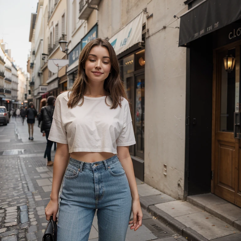 Une jeune femme de 23 ans, ayant des cheveux longs de couleur brune, ayant un sourire ravissant, eyes closed, dans un quartier chic de Paris, avec un jean moulant et un haut rouge moulant 