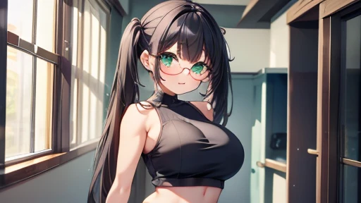 masterpiece,highest quality,wonderful,finely,High resolution,1 girl, big breasts,(crop top:1.3), black hair, glasses, green eyes,twin tails,full body