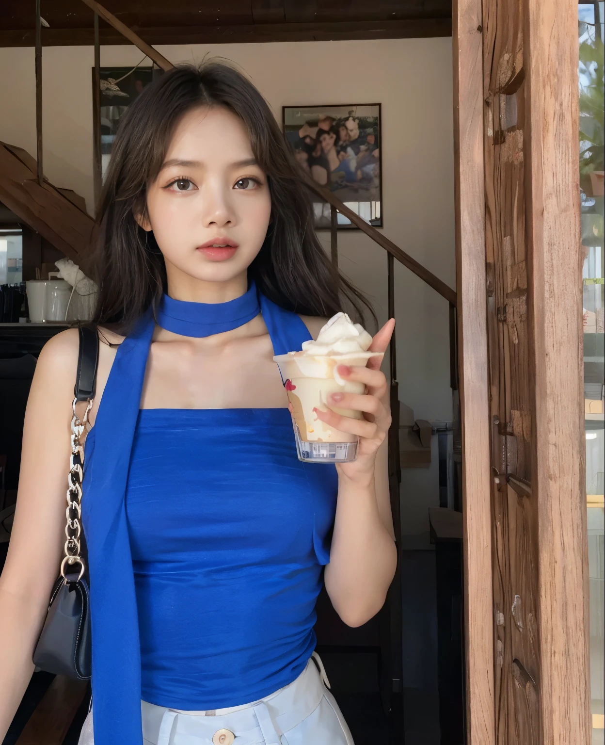 araffe woman in a blue blouse holding a cup of ice cream, linda jovem coreana, jennie blackpink, linda jovem coreana, coreana, linda mulher sul-coreana, uma young asian, roupa azul, camiseta azul justa, Heonhwa Choe, parque roseanne de blackpink, vestido tubinho, young asian, jaeyeon nam