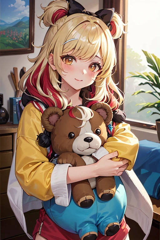 ((Melhor qualidade)), ((obra de arte)), (detalhado), rosto perfeito, 1 garota, fora do ombro,(cabelo multicolorido:1.3), beautiful mess room, hugging stuffed animal, moletom fofo com orelhas de animais,
