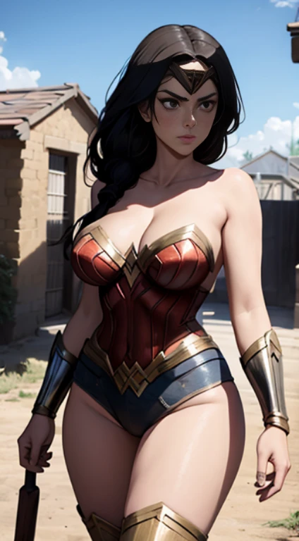 wonder woman costume, huge breasts, big sized breast, busty girl, cleavage, MILF, thigh legs, Long black hair, hair over shoulder, brown eyes, perfect curvy shaped body, wonder woman costume, ultra realistic squinting sexy eyes , massive sized breast, standing, thigh legs, brown colour eyes, ultra realistic detailed shiny brown eyes, beautiful and perfect face, sunlight and garden background, black hair, bright brown colour eyes, wonder woman costume,