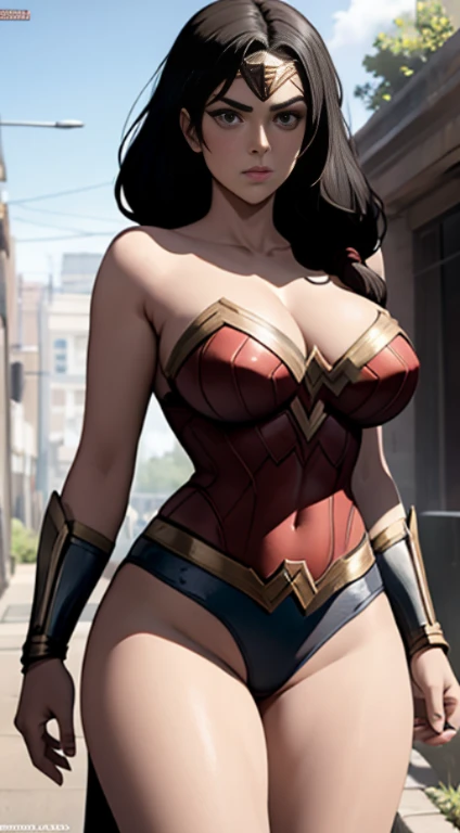 wonder woman costume, huge breasts, big sized breast, busty girl, cleavage, MILF, thigh legs, Long black hair, hair over shoulder, brown eyes, perfect curvy shaped body, wonder woman costume, ultra realistic squinting sexy eyes , massive sized breast, standing, thigh legs, brown colour eyes, ultra realistic detailed shiny brown eyes, beautiful and perfect face, sunlight and garden background, black hair, bright brown colour eyes, wonder woman costume,