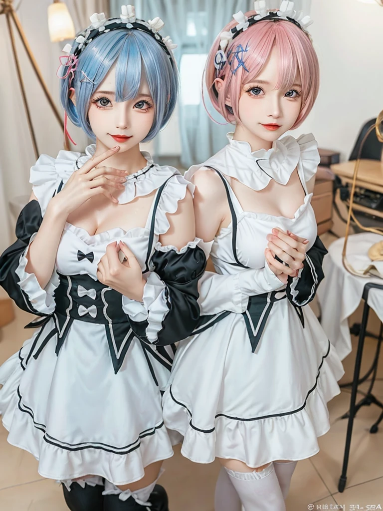 (8K, Photorealistic, Raw photo, of the highest quality: 1.3), (1girl in), Super beautiful, (Realistic face), (boyish, Silver Color Berry Shorthair), Beautiful , Glare that captivates the viewer, Beautiful expression, Beautiful breasts, (Realistic skin), Be...Create a detailed and colorful image of Ram and Rem from Re:Zero, standing back-to-back in their maid outfits, with a magical fantasy background、14years old, two girls,cute, perfect face, beautiful, nice body, gothic lolita clothes, gothic lolita fashion, frilly skirt, headdress, necklace, bracelet, knee-high socks, boots, double eyelids, tear bags, Detailed down to the fingers, photo-like description, indoors, dim indoor lighting, one girl is pink hair and short bob, another girl is light blue hair and short bob,standing, whole body, composition that shows the whole body, smiling,The Both of them are wearing the same type of maid outfit