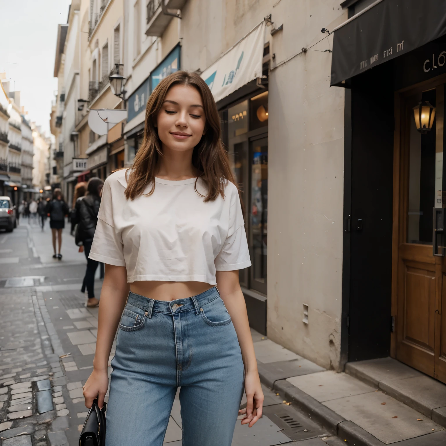 Erstelle eine Frau mit 29 Jahren. Sie hat einen Pixie Cut, schwarze Haare, ein rundliches Gesicht, braune Augen, a button nose and dimples. She has a beautiful mouth and smiles. Ihre Figur ist dicklich. She stands confidently on a street. Sie ist stark und strahlt Selbstbewusstsein aus. Gekleidet ist sie in einer schwarzen langen Jeans und einer Bluse mit floralem Muster.