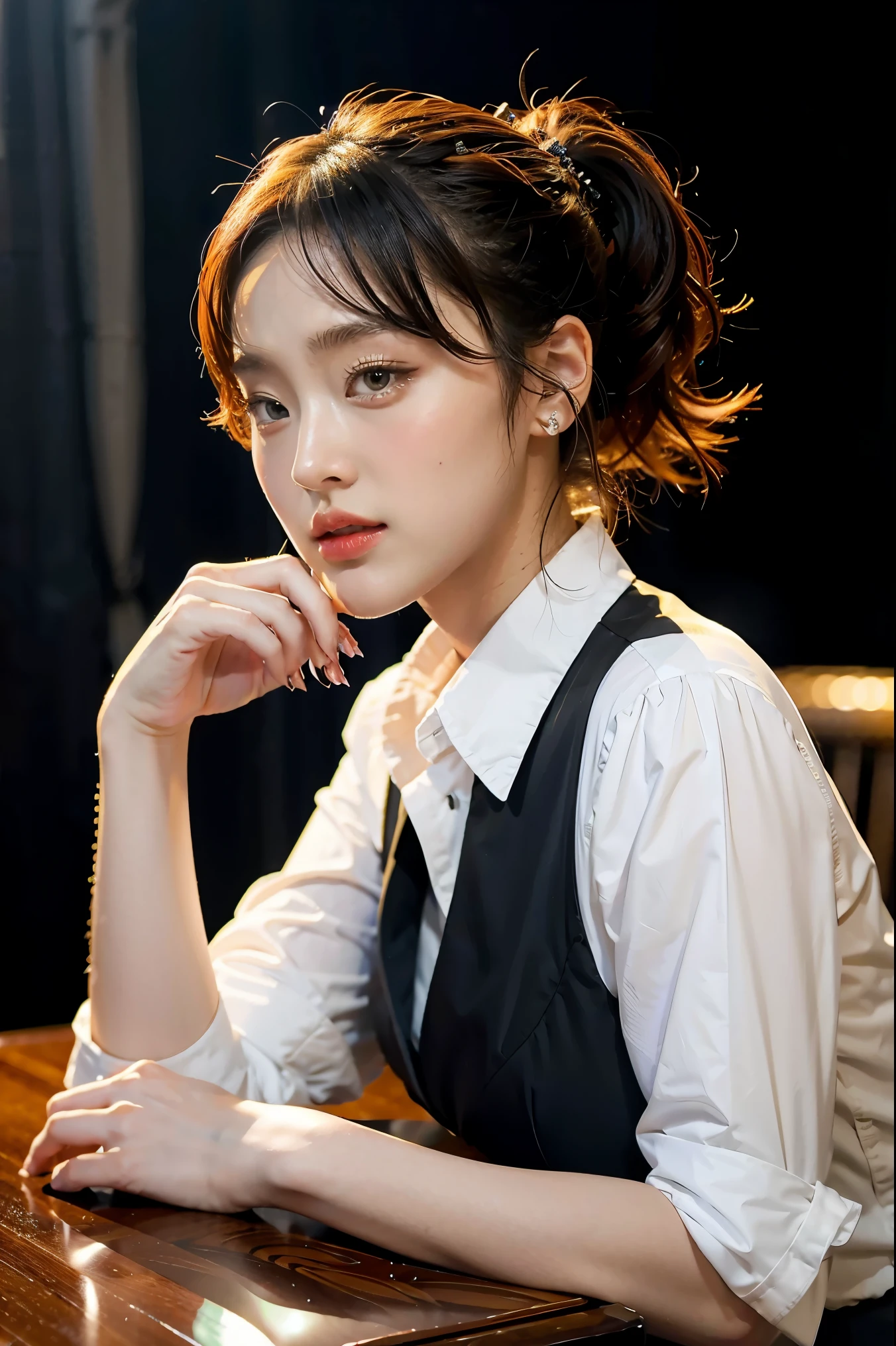 1girl, black random formal attire, white background,