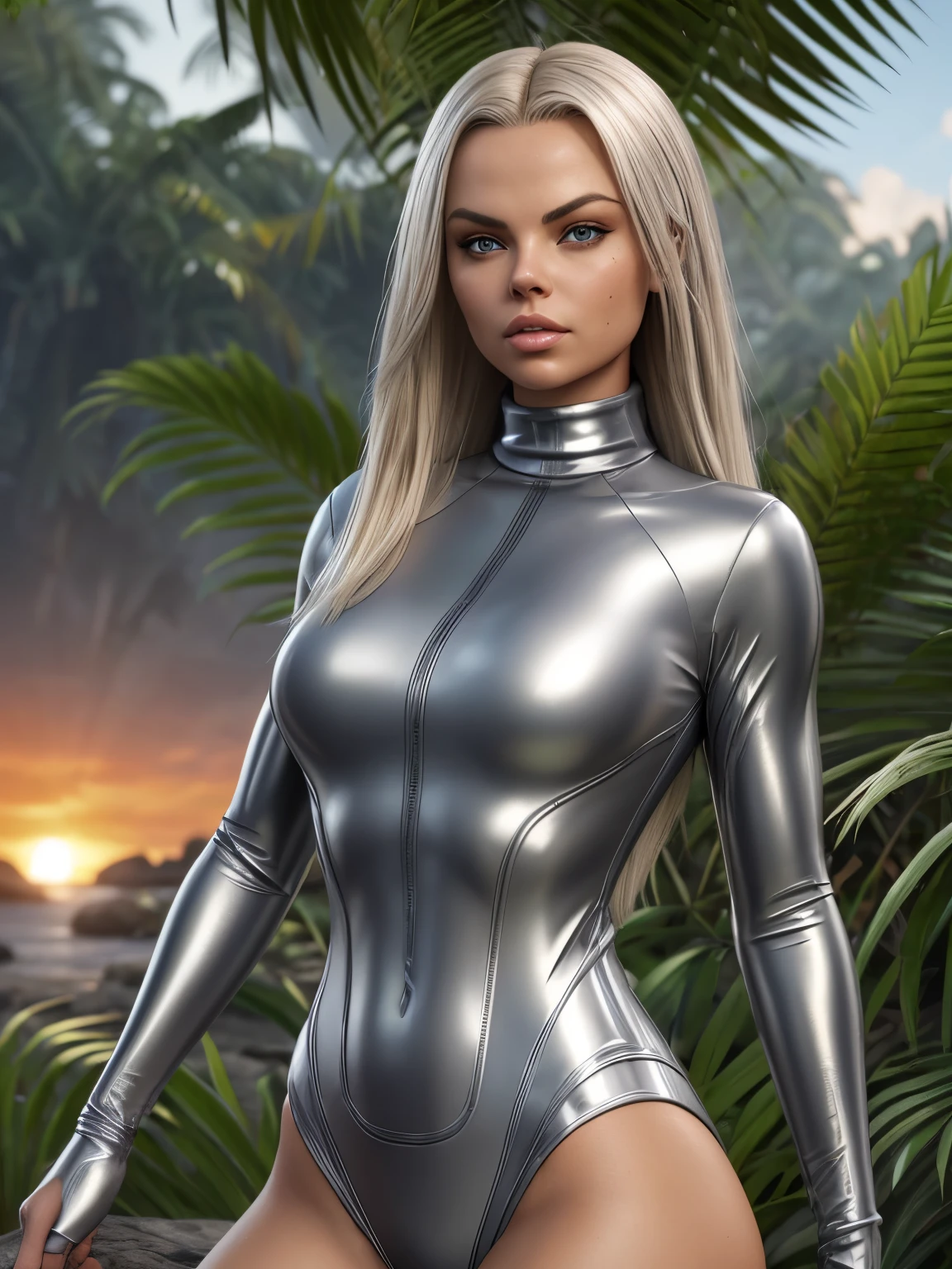 (JesseJane_v1:1.0), gorgeous blonde woman (JesseJane_v1:1.0), (wearing a grey silver pvc turtleneck swimuit:1.3), posing in an ancient Mayan lagoon, jungle plants, jungle flowers, raging fires in background, sunset setting, tropical birds in sky, wet skin, wet hair, photoreal render，high contrast image, rendering by octane，zbrush。character design，realisticlying，unreal-engine，ultra - detailed，concept-art，trends in art station。 ((best quality)), ((masterpiece)), ((realistic)), (detailed), highly detailed skin and hair, looking at the viewer, Fantasy art，stunning gradient colors，detailed background，extremely detaile, tmasterpiece)，HDR, front view,